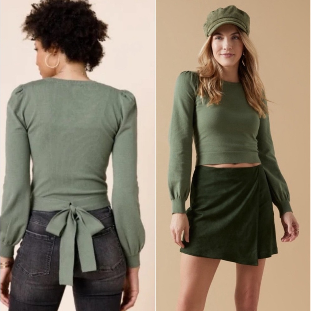 NWT Francesca’s Mi Ami Puff Sleeve Tie-Back Sweater in Sage